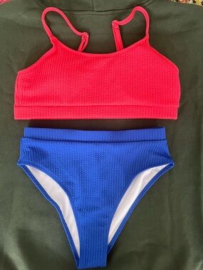 Bright Pink Ribbed Bikini Top & Royal Blue High-Waist Bottoms